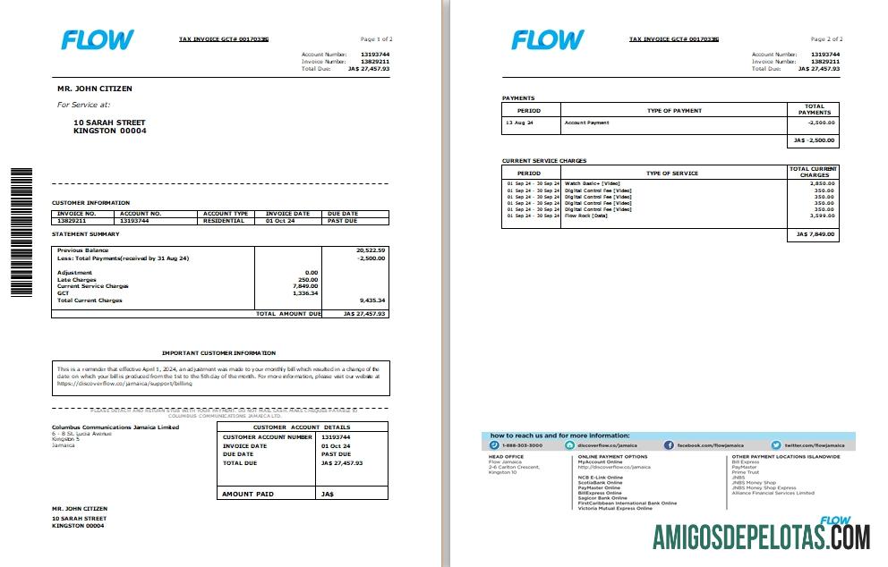 Em branco Cabo de fatura fiscal de fluxo da Jamaica e modelo de fatura de Internet e Word e PDF, SCR de 2 páginas